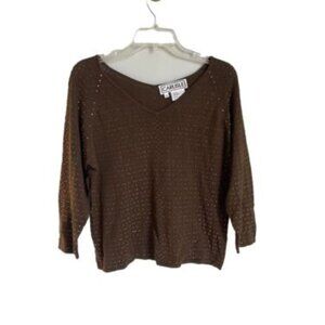 Carlisle Brown Silk Blend Sequin Embellished V Neck Sweater 3/4 Sleeve